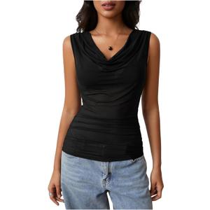MakeMeChic Women's Y2k Cowl Neck Tank Top Sleeveless Draped Slim Fit Mesh Sheer Crop Tops Party Top (M)