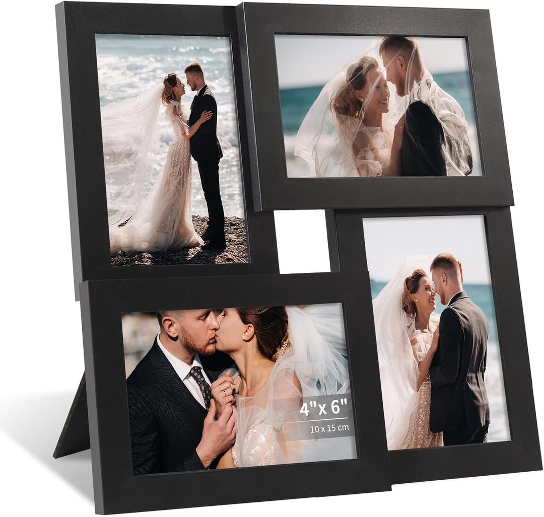 4x6 Collage Picture Frame with Real Glass, 4 Opening Wooden Photo Collage Frame with Stand, Family Multi Picture Frame for Wall or Tabletop Display, 4 Photo Gallery Frame for Home Decor, Black