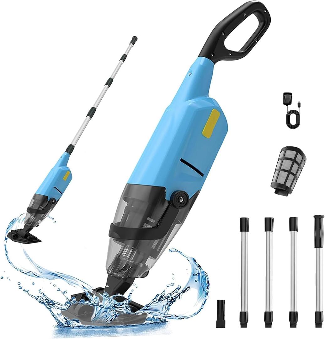 Pool Vacuum for Above Ground Pool, Cordless Handheld Rechargeable Pool Cleaner, 18 GPM Powerful Suction, 60 mins Runtime, 120m Fine Filter, Ideal for Inground Pool, Spa & Hot Tubs, Blue