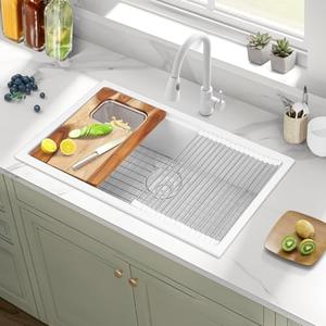 Granite Composite Kitchen Sink 32"X18"X9" White Top Mount or Drop In Sinks Single Bowl Kitchen Sinks with Workstation Accessories Noise-Free Undermount Sink with Cutting Board, Grid, Drying Rack