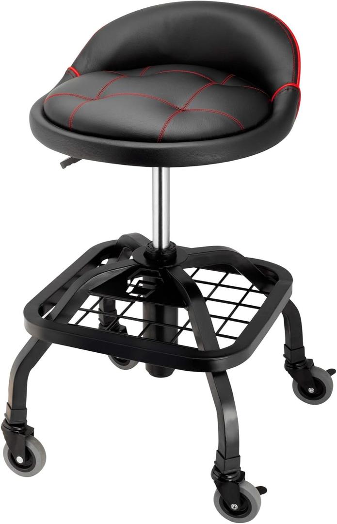 Powerbuilt Rolling Stool Shop Seat with Padding and Lumbar Support, Garage, 330 Pound Capacity - 240338, Black