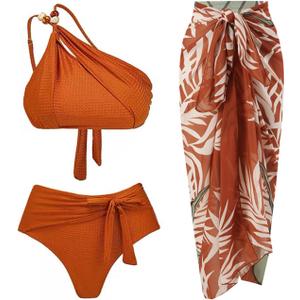 Women One-Piece Swimsuit with Cover up Wrap Skirt Sarong Bathing Suit Beach Outfit Summer (Small, Brown Orange Y305)