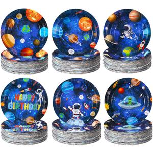 Funnymoom 60 Pcs Outer Space Birthday Party Supplies 7 Inch Solar System Paper Plates Astronaut Dessert Plates Space Theme Party dishes for Birthday Baby Shower Decorations