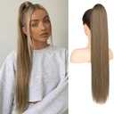 Flufymooz ponytail extension, 26 Inch Long Straight Drawstring Ponytail Synthetic Hairpieces Fake Pony Tails Natural Soft Clip in Hair Extension Pony Tail for Women (Dark Ash Blonde with Highlights)