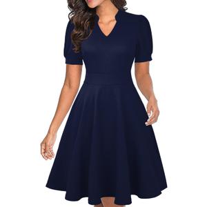 Mokayee Womens Summer Short Puff Sleeve Casual Semi-Formal Fit and Flare Church Wedding Guest Work Dresses with Pockets (Small, 0 Navy Blue)