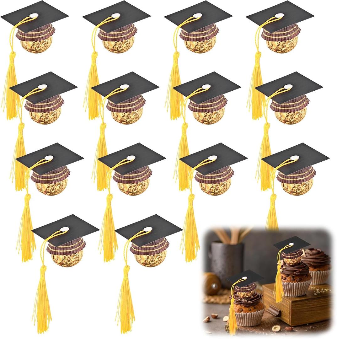 150Pcs Graduation Cap Chocolate Decorations,2025 Graduation Cap Cupcake Toppers Chocolate Decorations with Tassel Adhesive Dots for Class of 2025 Congrats Grad Cap Black