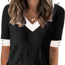 AKEWEI Womens V Neck Sweater Short Sleeve Lightweight Knit Spring Summer Tops with Decorative Buttons (Black, XL)
