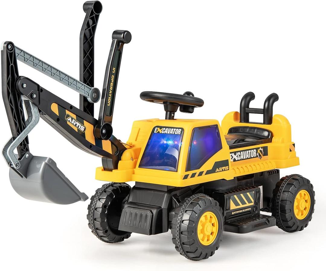 HONEY JOY Ride on Excavator, 6V Battery Powered Ride on Construction Vehicles for Kids, Under Seat Storage, Music, Rotatable Seat, Kids Digger Loader, Bulldozer Ride on Toy, Gift for Boys Girls