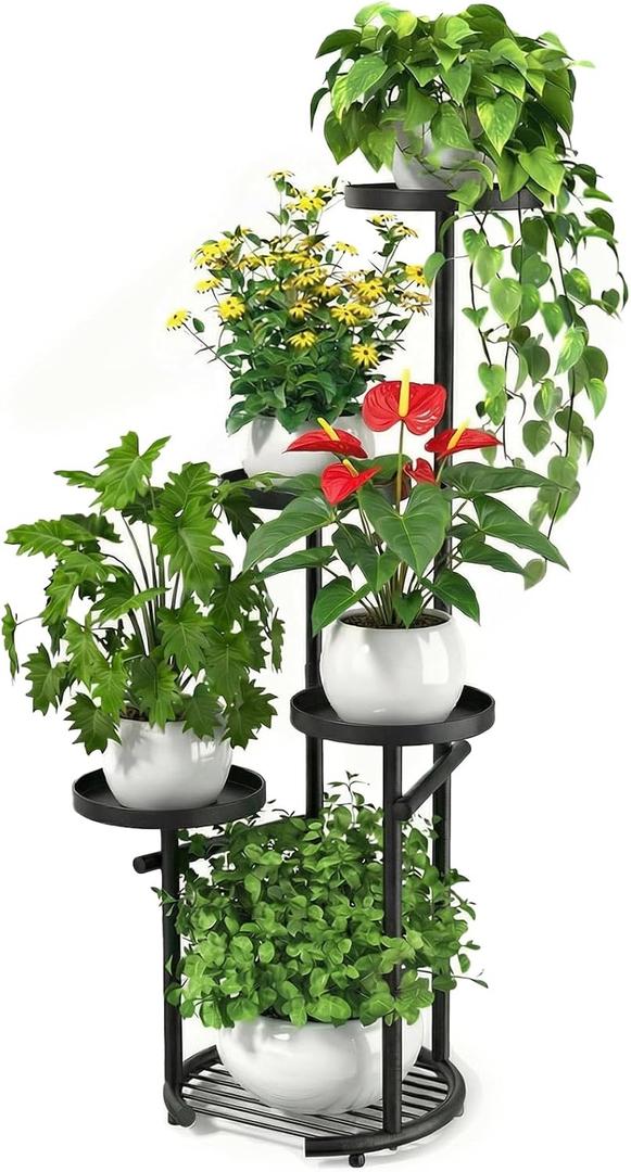 TOSKING 5-Tier Tall Plant Stand Indoor & Outdoor, Anti-Tip Round Base for Pots, Child and Pet Friendly, Heavy Duty Corner Shelf for Multiple Plants, Space-Saving Design for Living Room Balcony Garden (Black, 38in)