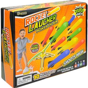 Rocket Launcher Power Air Toy Set with 10 Multi-Color Foam Rockets Launch Pad, Outdoor Activity Game