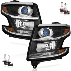 Headlights for 2015-2020 Tahoe/Suburban, 2016-2019 Chevy 3500HD Halogen Type Headlamp Black Housing Amber Reflector Left+Right Side