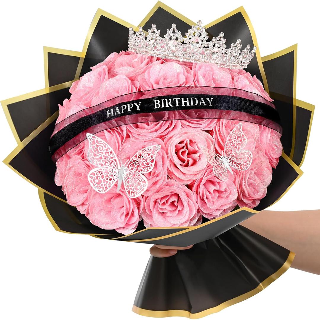 Waipfaru Glitter Roses Bouquet,Birthday Gifts for Women Mom,DIY Fake Flowers Bouquet with Birthday Stand-Up Signs,36 Pink Rose for Grandma Wife Friends