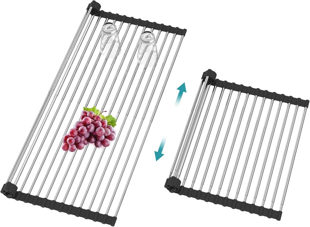 Extra Large Expandable Roll Up Dish Drying Rack,Over The Sink Drying Rack Sink Cover Kitchen Sink Accessories Kitchen Rolling up Stainless Steel Drainer, Foldable,Rollable Black22.8''-12.4''