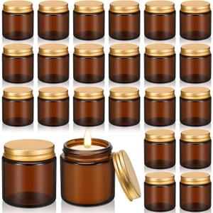 Zhehao 24 Pcs Glass Candle Jars with Lids Bulk, Round Empty Candle Container Tins, Dishwasher Safe and Leakproof DIY Crafts(Amber,Gold,4 oz)