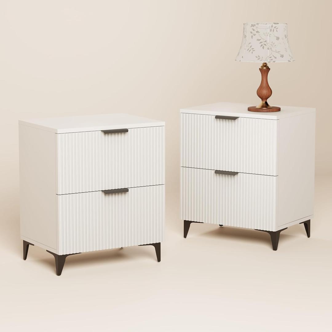 Royal Windsor Fluted Nightstand Set of 2 with 2 Drawers, Side End Table, Small Accent Storage Cabinet,Modern Night Stand Bedside Table for Bedroom,White