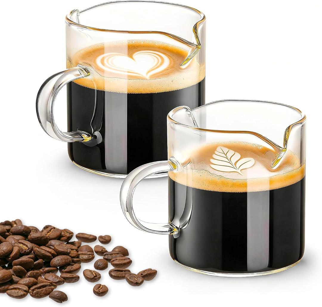 3 x Glass Espresso Cups Set of 2, 4 OZ Double Spouts Cups espresso measuring with handle Clear Glass Milk Coffee Accessories for Machine