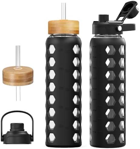 MUKOKO Glass Water Bottles, 64 oz Glass Tumbler with Straw, Drinking Bottles with 2 Lids-Handle Spout Lid & Bamboo Straw Lid, Motivational Water Bottle with Time Marker and Silicone Sleeve, 1 Pack-Black