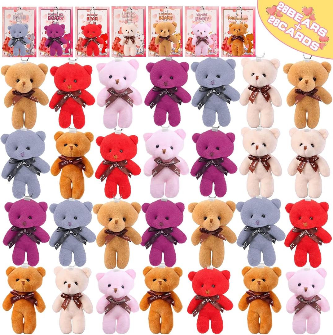 28PACK Bears Valentines Day Gifts for Kids Party Favors Classroom Bulk Kids Valentines Day Cards for School Class Non Candy Goodie Bag Stuffers Stuffed Animals Plush Toys Treats Classroom Exchange