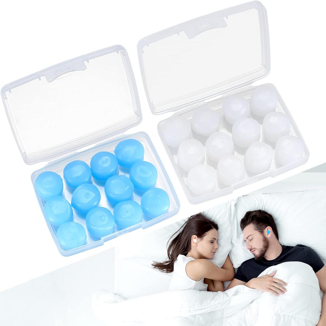 24 Pcs Silicone Ear Plugs for Sleeping, Soft Silicone Earplugs for Sleep, Noise Cancelling Reduction Earplugs for Swimming, Travel, Snoring, Concerts, Airplane, Motorcycle, Musicians, Blue/Clear