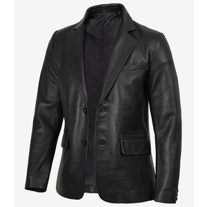Premium Jackets Men's Notch Lapel Two Button Black Leather Blazer Jacket, L