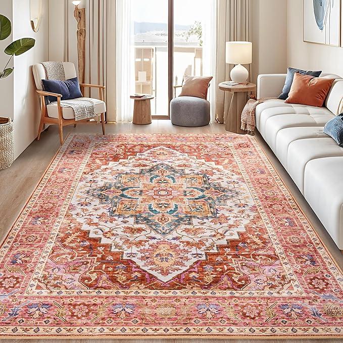 Foxmas 6x9 Area Rugs for Living Room, Machine Washable Vintage Rug, Non-Slip Low Pile Throw Rugs with Rubber Backing Washable Carpet for Bedroom Dining Room Kitchen Home Decor, Orange