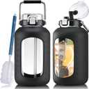 WINSA Large Glass Water Bottles with Stainless Steel Handle,100 oz Gallon Drinking Bottle with 2-in-1 Straw Lid,3 Liter Glass Water Jug with Silicone Sleeve,Wide Mouth,Black
