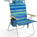 Tall Beach Chairs for Adults, 17" High Backpack Beach Chair with Wooden Armrests, 5 Positions Reclining Heavy Duty Chair with Large Cooler Pouch, Support to 350LBS Striped Blue&Green,1pack