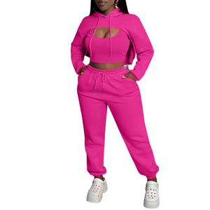 Aceilika Women 3 Piece Sweatsuit Set Sexy Long Sleeve Pullover Cropped Hoodie Tank Top and Jogger Sweatpants Tracksuit Rose Red XXL