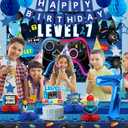 Video Game 7th Birthday Decorations for Boys, Blue Level 7 Party Decor Kits for Boy, 7 Years Old Game Supplies- Backdrop Honeycomb balls Hanging Swirls Centerpieces Balloons Tablecloth Cake topper