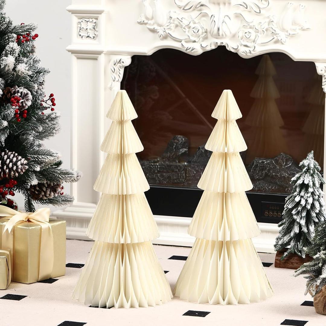 2 Pcs 20 Inch Large Paper Christmas Trees Decorations 3D White Honeycomb Neutral Christmas Trees Glitter Edge Magnetic Folding Xmas Paper Crafts for Xmas Home Mantel Holiday Party Decorations