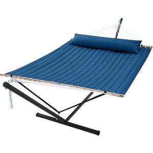 SUPERJARE Hammock with Stand, 2 Person Quilted Outdoor Hammock, Detachable Pillow & Bamboo Spreaders, Portable Hammock with Carrying Bag, Heavy Duty Stand, Perfect for Outside, Patio, Navy Blue
