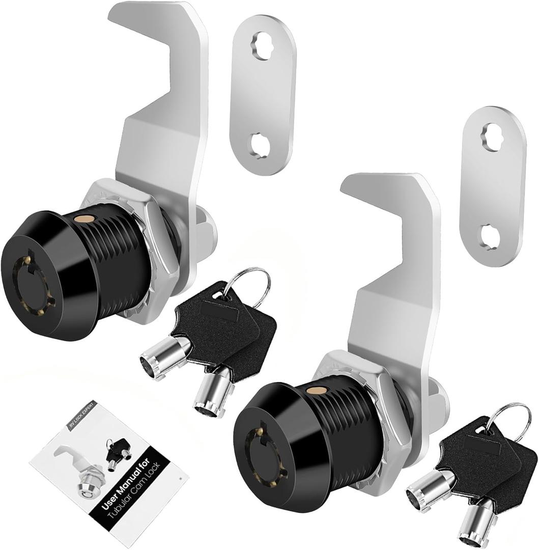 Black Toolbox Lock with Keys, Cabinet Locks Keyed Alike, Hook Cam, Tubular Cam Lock, Tool Box Lock with Manual, Zinc Alloy (5/8 Inch 2 Pack-Black)