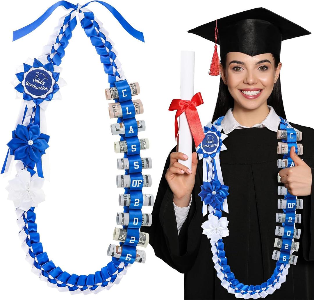 Lyrow 2026 Graduation Money Lei with Cash Holder 48 Inch Extra Long Braided Ribbon Lei DIY Graduation Garland for Cash Gifts Class of 2026 Grad Party Decorations (Blue & White)