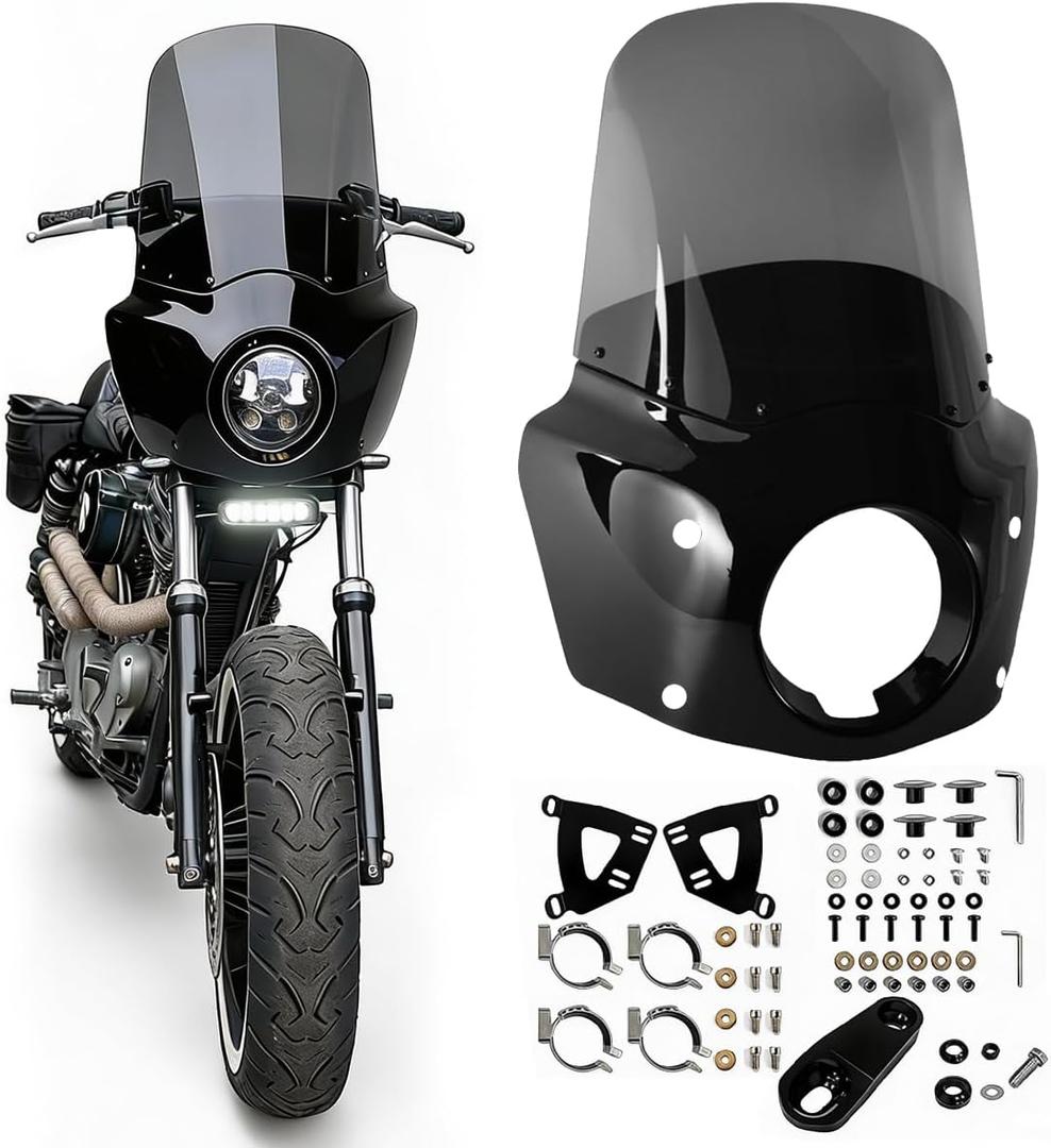 Motorcycle Fairing 5.75" Headlight Fairing with 15" Motorcycle Windshield 39mm Mounting Hardware for Harley Sportster 1100 1200 Iron 883(Smoke)
