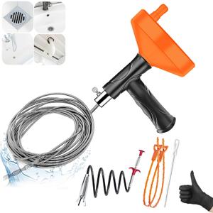 Drain Snake Auger 33 Feet, Plumbing Snake Drain Hair Clog Removal Tool, Heavy Duty Toilet Snake Auger, Sink Unclogger Drain Cleaner Tool for Bathroom Kitchen Tub Shower Drain Clog Remover with Gloves
