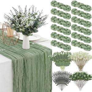 Gilprop Sage Green 132 Pcs Cheesecloth Table Runner with Artificial Greenery Stems Set 35 x 118 Inch Vintage Table Runners for Elegant Wedding Reception Bridal Baby Shower Party Home Decor