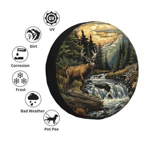 Landscape and Deer Spare Tire Cover Wheel Protectors Weatherproof Deer Pattern Wheel Covers Universal Fit for Trailer RV SUV Truck Camper Travel Trailers Accessories 15 Inch