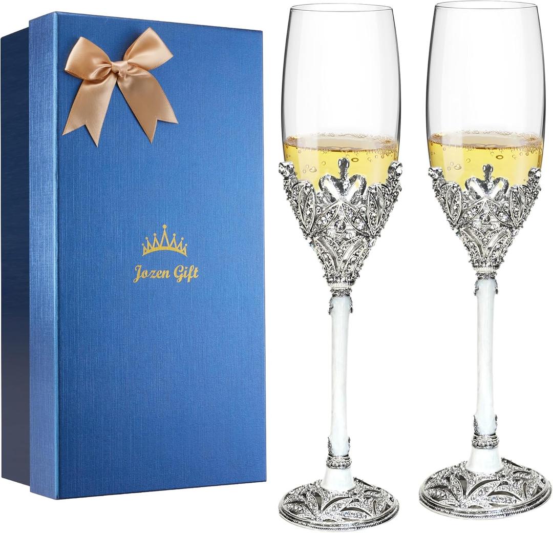 Champagne Flutes -His and Hers,Wedding Toasting Glasses for Engagement Celebrations, Bridal Shower and Registry Idea, Tall Wine Glasses for Bride and Groom Gifts,7oz (Silver&white)