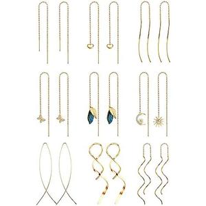 ORAZIO 9 Pairs Threader Earrings for Women Stainless Steel Chain Tassel Earrings Lightweight Double Twist Wave Heart Moon Leaf Threader Dangle Drop Earrings Minimalist Long Chain Earrings Set