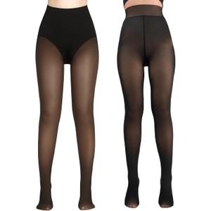 2 Pairs Fleece Lined Tights for Women- Triangle Crotch Design Fake Translucent Thermal Skin Colored Tights,Winter Warm Pantyhose WomenTights