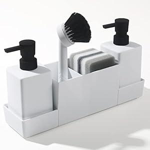 Kitchen soap Dispenser with Sponge Holder Set for Sink Caddy (Double soap dispensers and 1 Brush) Matte White