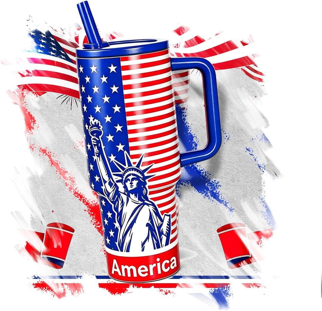 40oz American Flag Insulated Tumbler with Handle, Red White & Blue | Stainless Steel, Leakproof, Travel Mug, with lid and straw,for Work, Travel (EXP 11/28/35)