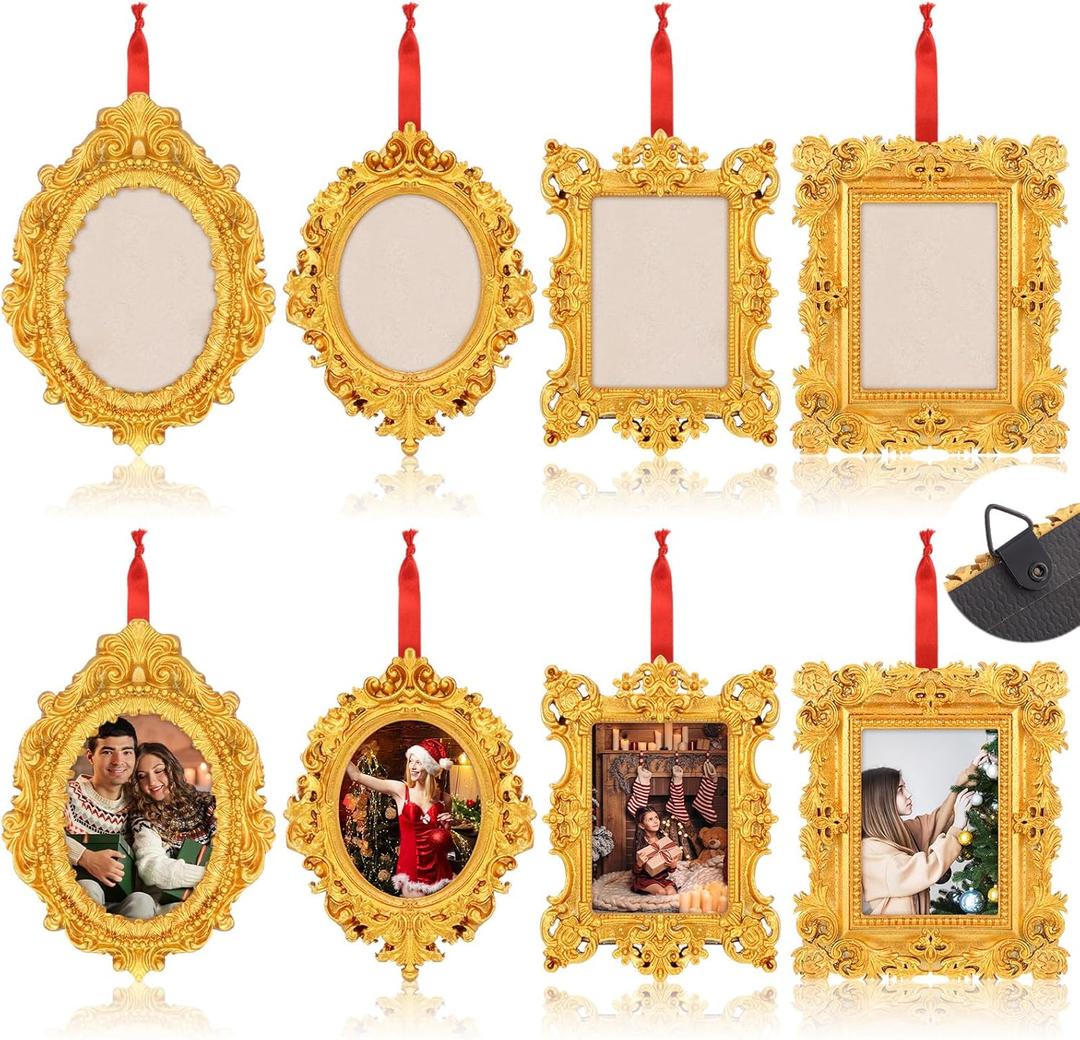 8 Pcs Mini Picture Frame Ornament for Christmas Tree Gold Vintage Photo Frames Antique Resin Oval Rectangle Tiny Ornamental with Hook and Ribbon for Xmas Tree Wall Decor (Classic)
