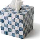5.5" Square Tissue Box Cover, Handmade Checkered Cube Tissue Box Cover with Capiz Shells, Decorative Mother of Pearl Tissue Holder for Living Room, Bathroom, Bedroom or Office (Navy Blue)