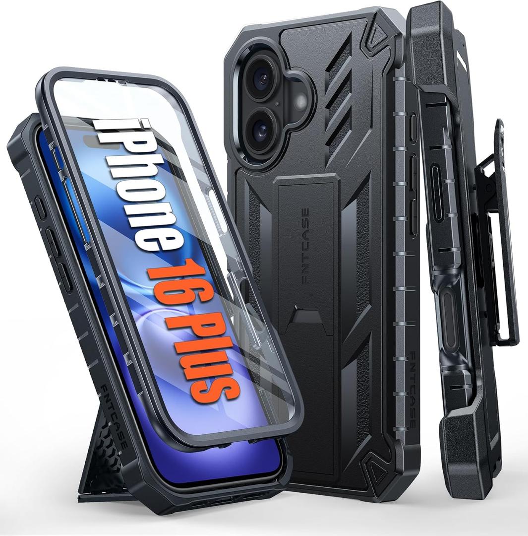 FNTCASE for iPhone 16 Plus Case: Military Grade Rugged Cell Phone Cover with Kickstand & Holster | Shockproof TPU Protection Bumper Matte Textured Design for iPhone 16 Plus Cases 6.7 inch - Black