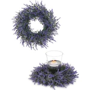 BLOSMON Fake Lavender Centerpieces Wreath: 2pcs 13 Inch Diam Purple Lavender Artificial Flowers Candle Rings Wreaths for Wedding Table Decoration - Faux Floral for Home Wall Window Decor