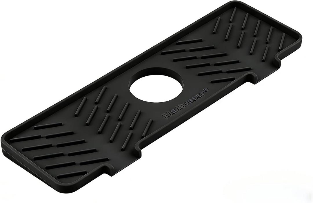 Meiliweser Silicone Faucet Splash Guard Gen 3-10 Large Slope & Adaptable Hole Faucet Handle Drip Catcher Tray - 14 x 5.5 Kitchen Sink Accessories for Kitchen, Bathroom(Black)