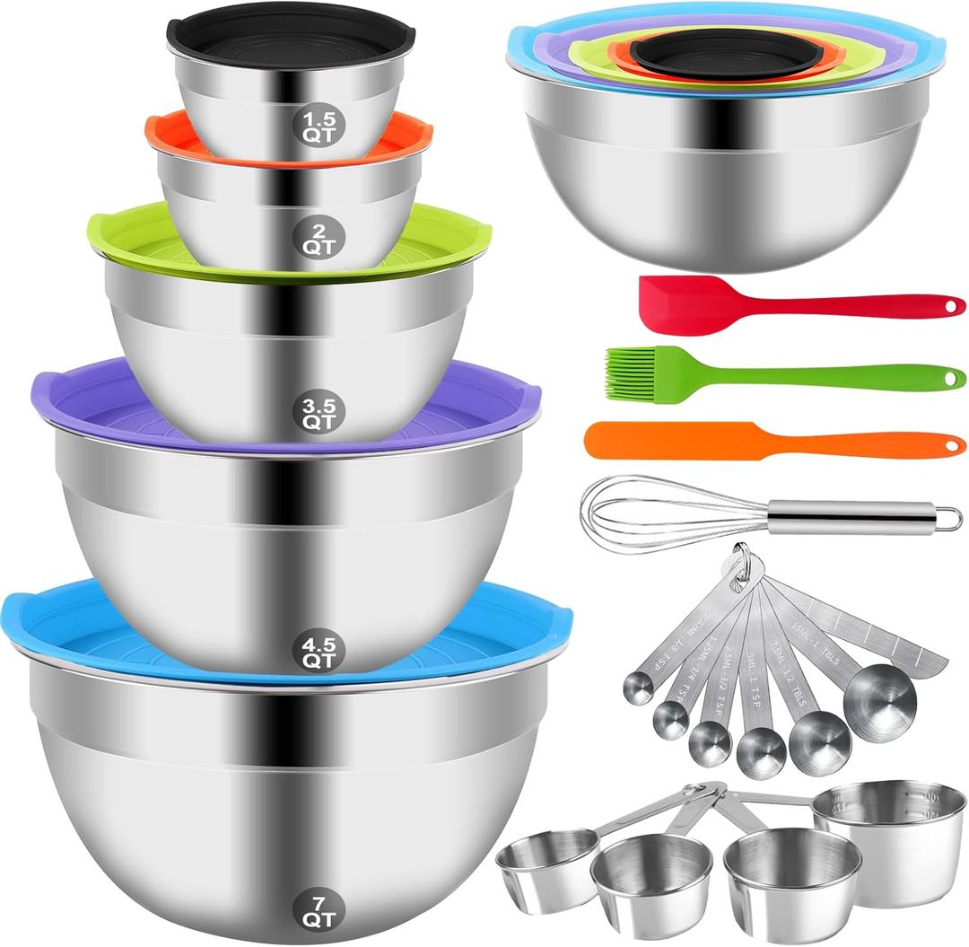 Mixing Bowls with Lid Set, 25PCS Kitchen Utensils Metal Bowl Stainless Steel Nesting Bowls, Measuring Cups and Spoons, Egg Whisk for Baking Prepping Cooking Serving Supplies