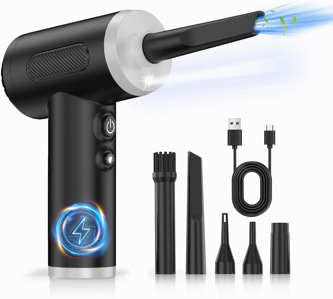 Compressed Air Duster, 100000RPM Handheld Car Air Blower& Pump, 3 Gear Adjustable Electric Air Duster/Mini PC Cleaner, Rechargeable Keyboard Duster with LED Light-8 Kits Air Blower for Computer