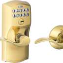 Schlage Camelot Keypad Lock with Lever Handle, Electronic Keyless Door Entry, AutoLock Enabled, Bright Brass, FE575 CAM 505 ACC
